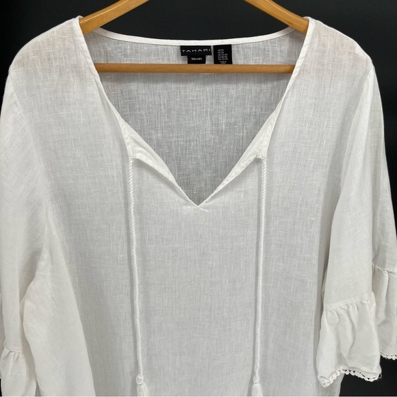 Tahari Womens 100% Linen Tunic Size XXL White Ruffled Sleeves Boho Summer Beach - Picture 2 of 9